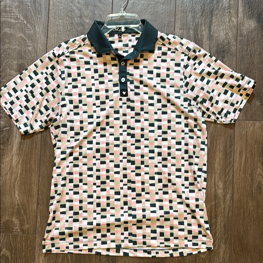 Bad Birdie men’s Patterned Polo Golf Shirt - Navy, Pink, White, Beige